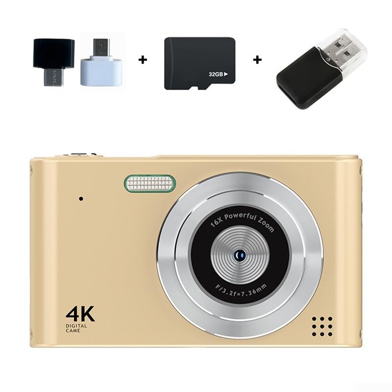 Cámara digital 4K que ofrece fotos de 48 MP, antivibración, zoom digital de 16X, detección facial y pantalla de 2.4 pulgadas para un funcionamiento suave y una vista previa clara (oro 32G)