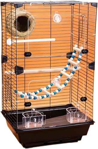 Vilom 透明アクリルパネル付き多機能大型鳥かごセット:セキセイインコ・オカメインコなど小中型鳥に最適な広々空間、木製スタンド・ブランコ・はしご・給水器・エサ箱・鳥の巣など充実アクセサリー完備の快適ケージ (ブラック,セット B)