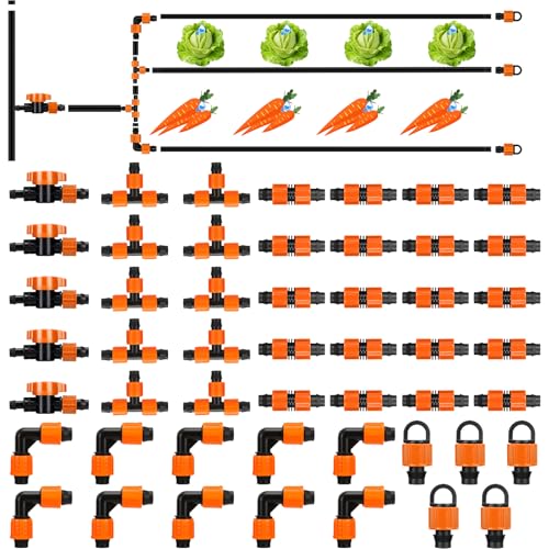 Tondiamo 50 Pcs Garden 5/8 Drip Irrigation Tape Tubing Fittings Kit Include Connector Tee Coupling Elbows End Cap On/Off Valve Barb for Most 16-17 mm Tubing Irrigation System (Orange)