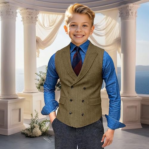 Boy's Herringbone Tweed Suit Double Breasted Slim Fit Vest Wool Blend Prom Waistcoat Wedding4