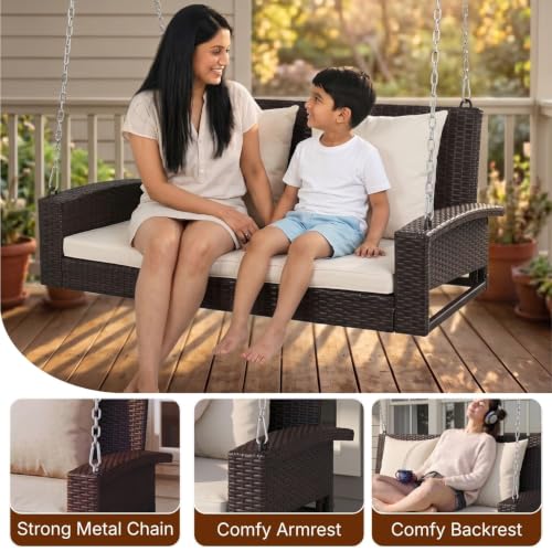 Image of DEVOKO All Weather Resistant Rattan Wicker Double Seater Sofa Swing with Cushions for Garden, Poolside, Terrace, Balcony (Dark Brown & Cream)