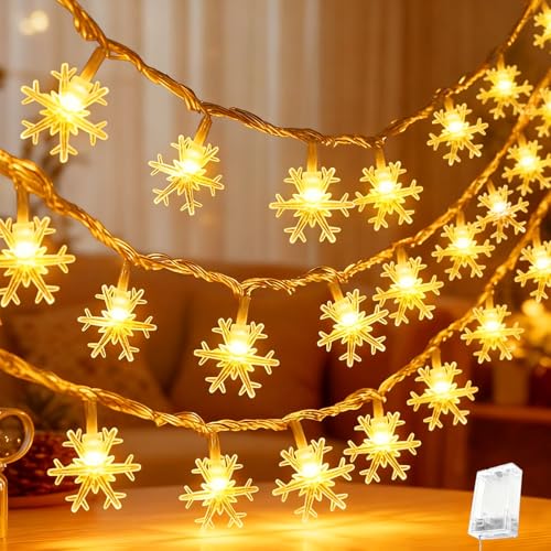 Lumières de Noël Interieur Exterieur, 6M 40 LEDs Guirlande Lumineuse Flocon de Neige, 2 Modes D'éclairage, Lumineuses avec Piles pour Arbre de Noël Décoration/Jardin /Fête/Terrasse -Blanc Chaud