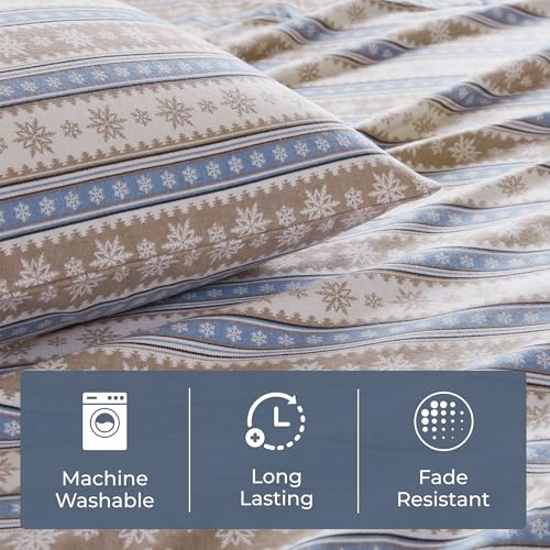 Image of Woolrich Cotton Sheet Set Cottage Charms Print, 100% Cotton Flannel Sheets Warm & Fuzzy Bedding Set Full Size Sheets, Fitted Pocket Fits Up to 12 inch Mattress, Full Blue Snowflake 4 Piece