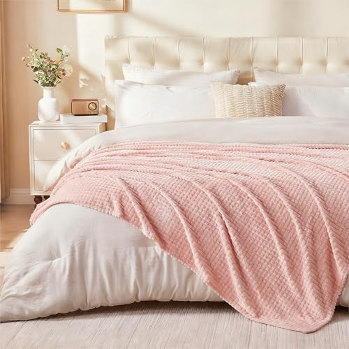 Image of EMME Fleece Blanket, 3D Jacquard Throw Blanket for Couch and Bed, Soft Cozy and Fluffy Blankets Lightweight Luxury Flannel with Geometric Grid Design (Pink, 50 inch x 60 inch)