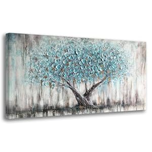 Arjun Tree Wall Art Teal Blue Nature Tree of Life Abstract Canvas Painting Textured Picture, Modern Large Panoramic Landscape Artwork Framed for Living Room Bedroom Bathroom Office Home Decor 40″x20″