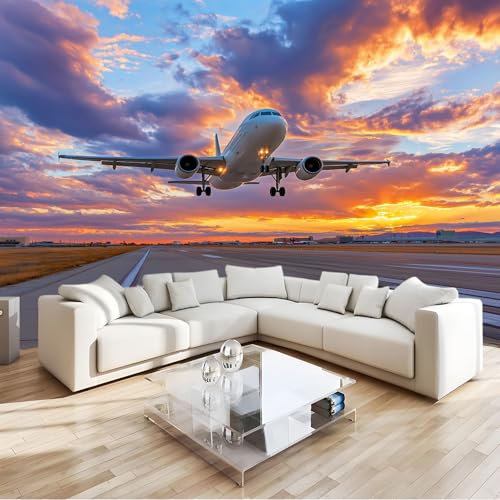 Moderno Papel Pintado Avión Hiperrealista 200 X 140 Cm, Multicolor Atardecer Anochecer 3D Fondo Pared Dormitorio Murales Tapiz Para Diversas Habitaciones - Tapiz Fotográfico Para Arte De Pared