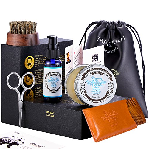 BFWood Beard Kit for Men – Boar Bristles Beard Brush, Beard Comb, Beard Scissors, Beard Oil 50ml, Unscented Beard Balm 60g, Ditty Bag