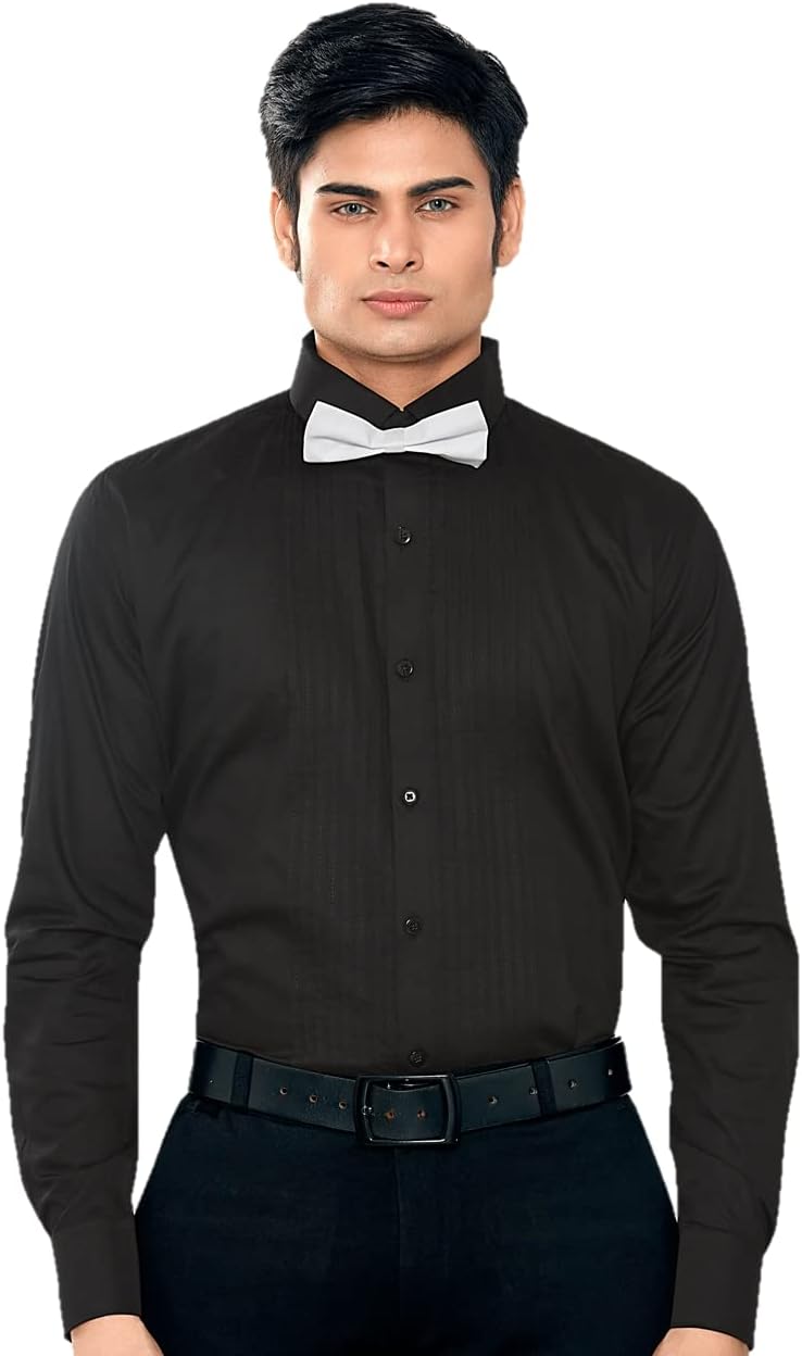 GLOBALRANGMen's 100% Satin Cotton Black Tuxedo Formal Shirt with Long Sleeve and Bow Tie