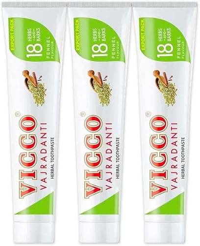 Vicco Vajradanti - Pasta de dientes de hierbas 18 hierbas ayurvédicas y cortezas con sabor a hinojo, paquete de 3 (7.05 oz cada uno), especialmente