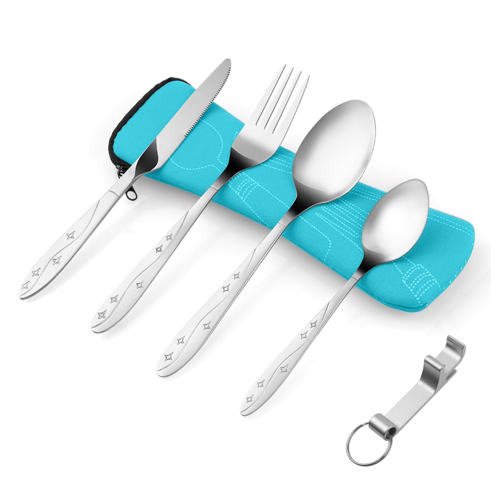 Vicloon Set di Posate con Custodia Portatile, 5 Pezzi in Acciaio Inossidabile con Apribottiglie, da Viaggio Coltello Forchetta Cucchiaio per Campeggio (Cielo Blu)