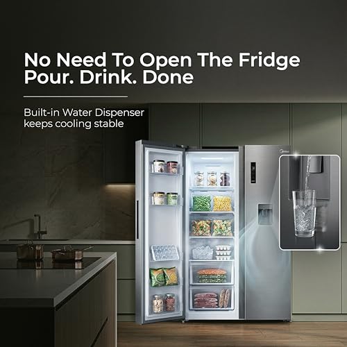 Image of Midea 560 L Side by Side Refrigerator, Inverter Compressor, Multi Air Flow Cooling, Water Dispenser (Frost Free, Energy Efficient, Large Capacity, Bru-Steel Finish)