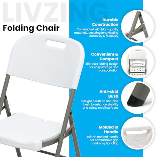 Image of Livzing Heavy Duty Plastic Folding Chair for Home, Office & Outdoor | Portable, Ergonomic Back Support | Strong Steel Frame, Anti-Skid Legs | Easy to Clean | 150 kg Load Capacity (2 Pack - White)
