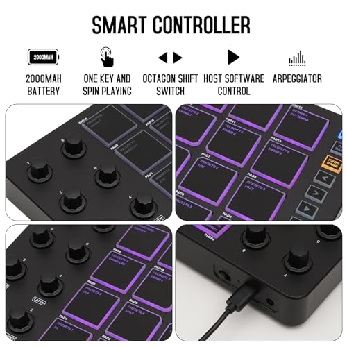 Image of M-WAVE Wireless MIDI Controller Pads, Bluetooth Portable USB MIDI Controller with 16 MPC Drum Pads, 8 Assignable Knobs, Note Repeat, Full Level Buttons, Rechargeable battery (Black Pad)