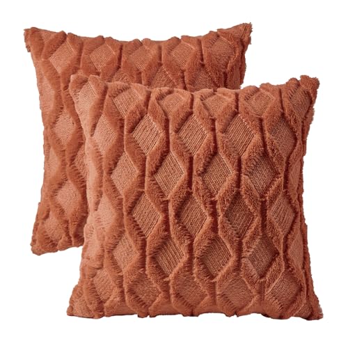 Volcanics Pack of 2 Faux Wool Burnt Orange Throw Pillow Covers 20x20 Inches Decorative Farmhouse Velvet Couch Pillow Case Soft Plush Square Boho Cushion Pillowcase