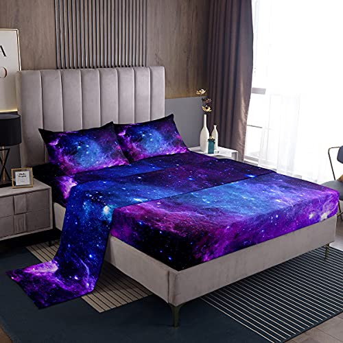 Loussiesd Galaxy Bedding Set Kids Girls Single Bed Sheets Outer Space Universe Starry Sky Sheet Set Teens Women Ultra Soft Purple Stars Deep Pocket Fitted Sheet+ Flat Sheet + Pillow Case