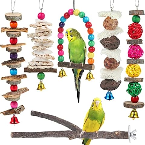 Bird Perch Bird Toys Parakeet Toys,6 Pack Bird Cage Accessories Wooden Chew Toys Perch Stand for Parrot Conure Cockatiel Lovebird Parrotlet Budgie Finches and Other Small to Medium Sized Birds Cover