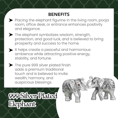 Image of Ekhasa 999 Pure Silver Plated Elephant Pair Showpiece with Gift Box | Silver Idol Set Home Decor Office Desk | Good Luck Feng Shui Vastu Animal Pair Religious Housewarming Griha Pravesh Gift