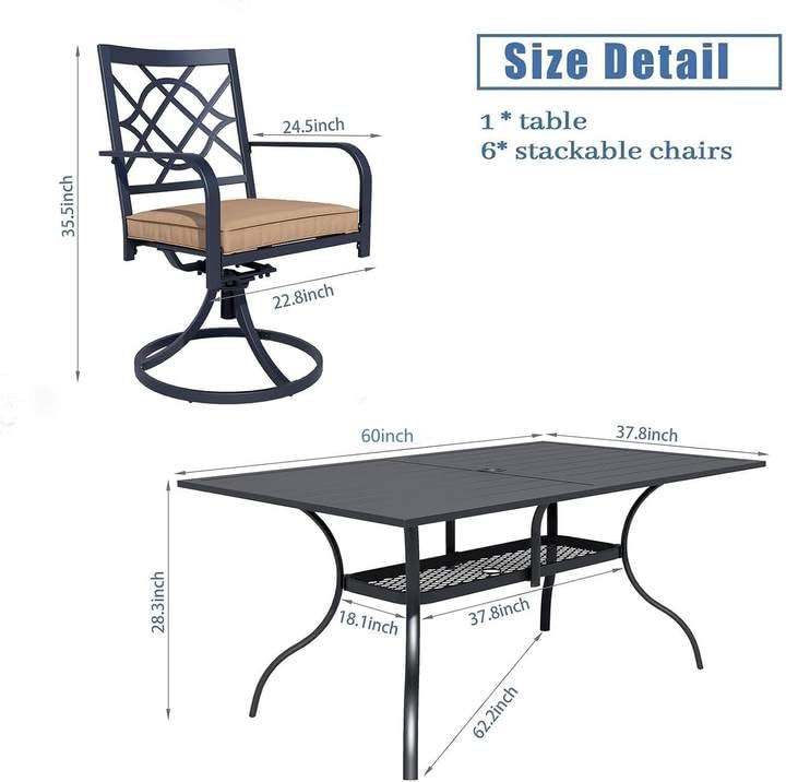 Betterland 60x37 Inch Outdoor Rectangular Dining Table - Metal Frame, Slat Top With Umbrella Hole, Seats 6-8, Black