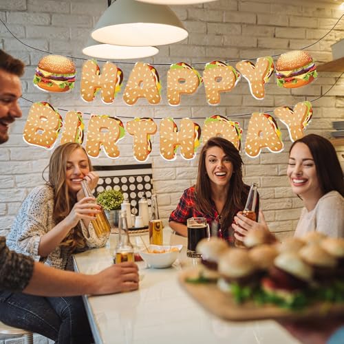 Image of Hamburger Happy Birthday Banner, Hamburger Birthday Party Decorations, Fast Food Snacks Themed Birthday Party Supplies