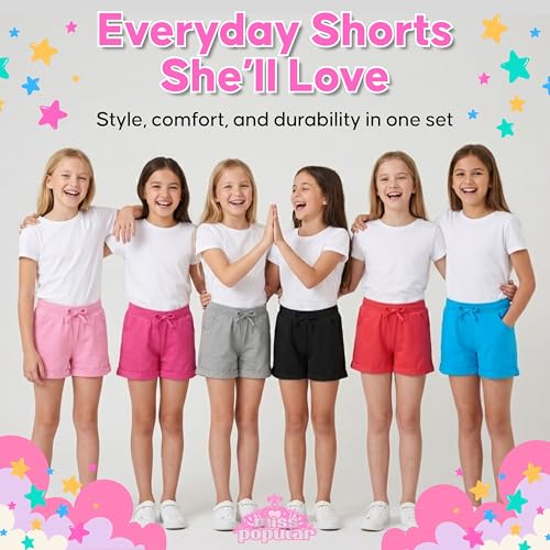 Image of MISS POPULAR Girls 6-Pack Bermuda Short Sizes 4-16 Comfortable Cotton, Elastic Waistband, Bow-Tie, Pockets & Many Colors