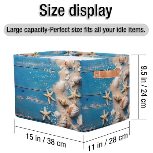 Image of Blue Wooden Board Storage Baskets for Organizing, Fabric Collapsible Storage Bins Box Seashells Decorative Toy Organizer Baskets for Closet Shelves Gift Basket 2Pcs