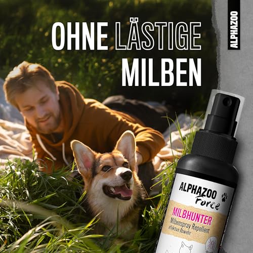 alphazoo MilbHunter Anti Milben-Spray 500 ml – Natürliches Milbenmittel für Hunde, Katzen, Pferde & Hühner – Wirksamer Schutz gegen Milbenbefall, Herbstgrasmilben & rote Vogelmilbe