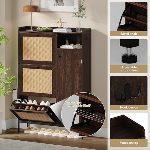 Image of Rattan Wooden Shoe Cabinet, Freestanding 3-Flip Drawer Shoe Storage Organizer, Side Cabinet & Top Fence, Easy Assembly Shoe Rack for Entryway Hallway Living Room, Deep Cherry