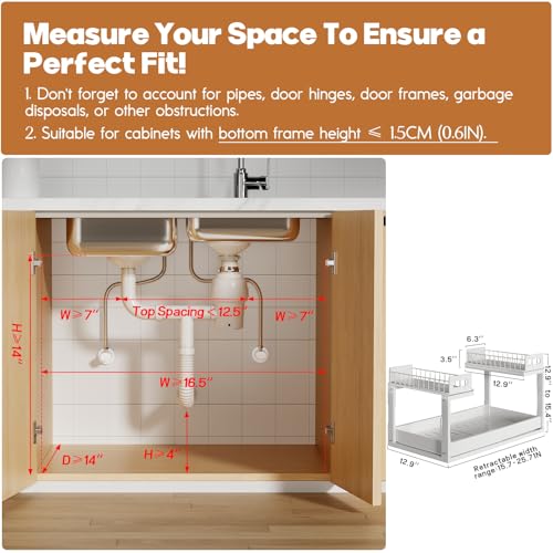 Image of 1 Pack-16 inch-26 inchW Expandable Under Sink Organizer With Upgrade Ball-Bearing Slide,2-Tier Pull Out Under Cabinet Organizer Height Adjustable,Not Suitable For Cabinets With Partitions In The Middle