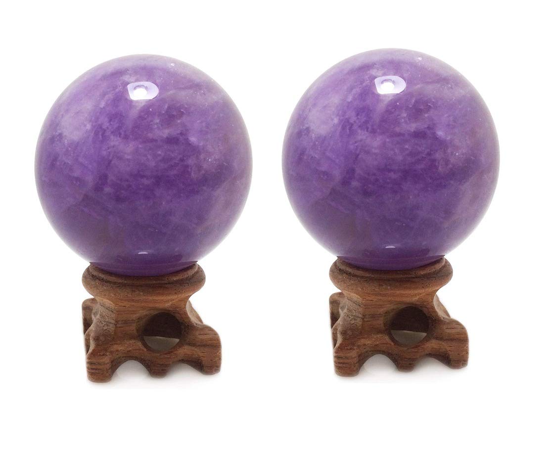 Set of 2 Amethyst Crystal Spheres with Stands 45mm/1.8”, Rare Purple Power Stone Ball for Crystal Healing, Meditation, Scrying, Feng Shui, Hand-Made (Set of 2 Amethyst Balls 45mm)