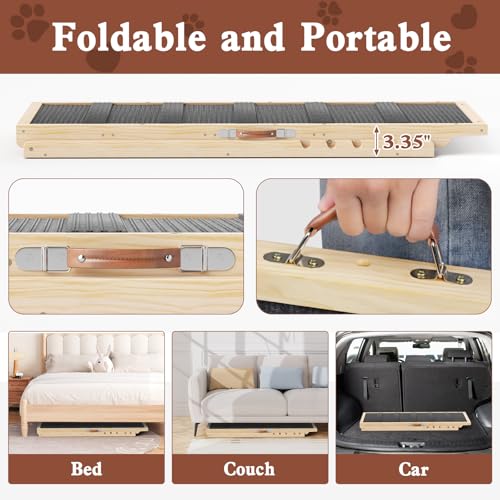 Dog Ramp for High Bed, Couch, Car, Pet Ramps 55.12" Long Adjustable 19.7"-27.6" Wooden Dog Step with High Traction Mat & Safety Side Rails for Small Medium Large Older Pets, up to 250 lbs - Image 6