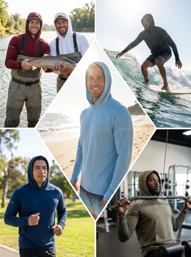 Image of 4 Pack Mens Sun Hoodie UPF 50+ Long Sleeve Fishing Shirts UV Protection Top | Poly /Spandex, Spf Ultra Breathable Soft Cooling Moisture Wicking Fabric, Dry Fit Rash Guard For Summer Swim Workout Hiking