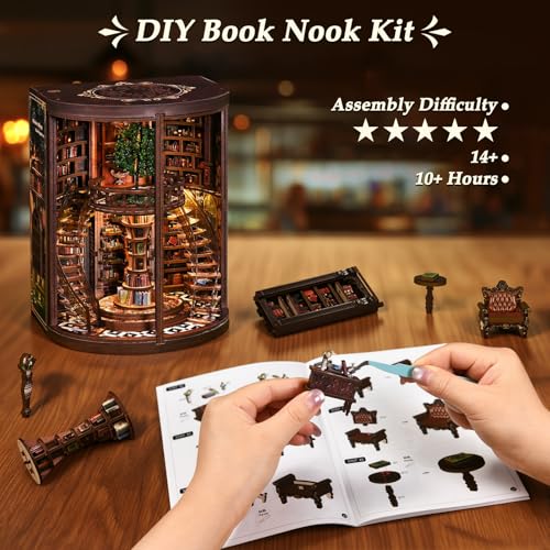 Book Nook Kit Profi DIY Holz Bücherregal Einsatz mit LED Licht – 3D Miniatur Bibliothek mit Doppel-Spiral-Treppe, Anspruchsvolles Holzpuzzle für Erwachsene, Sammler Booknook