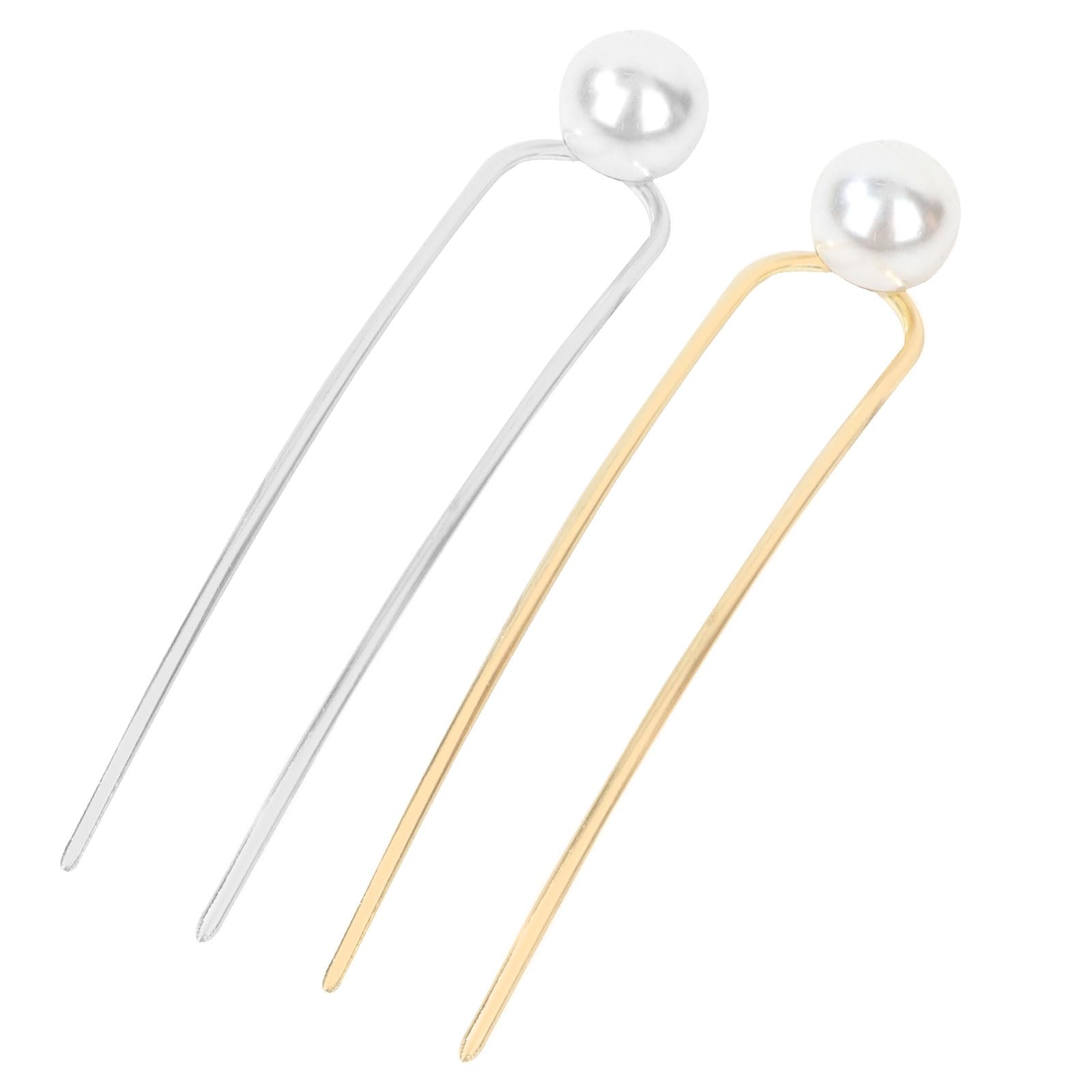 Padorul U-Shaped Pearl Hairpins for Women 2Pcs Silver and Gold Pearl Hairpins Metal Hair Clips Sticks Accessories Simple Design for Women’s Thick Hair Suitable for All Occasion Dressing-up