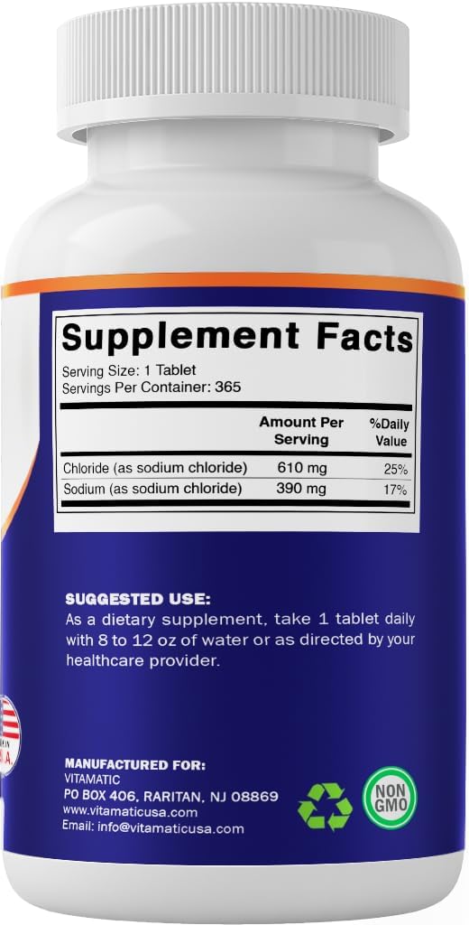 Vitamatic Sodium Chloride 1000mg – 365 Tablets Electrolyte Replenisher & Hydration Support – Non-GMO, Gluten-Free (Pack of 2)
