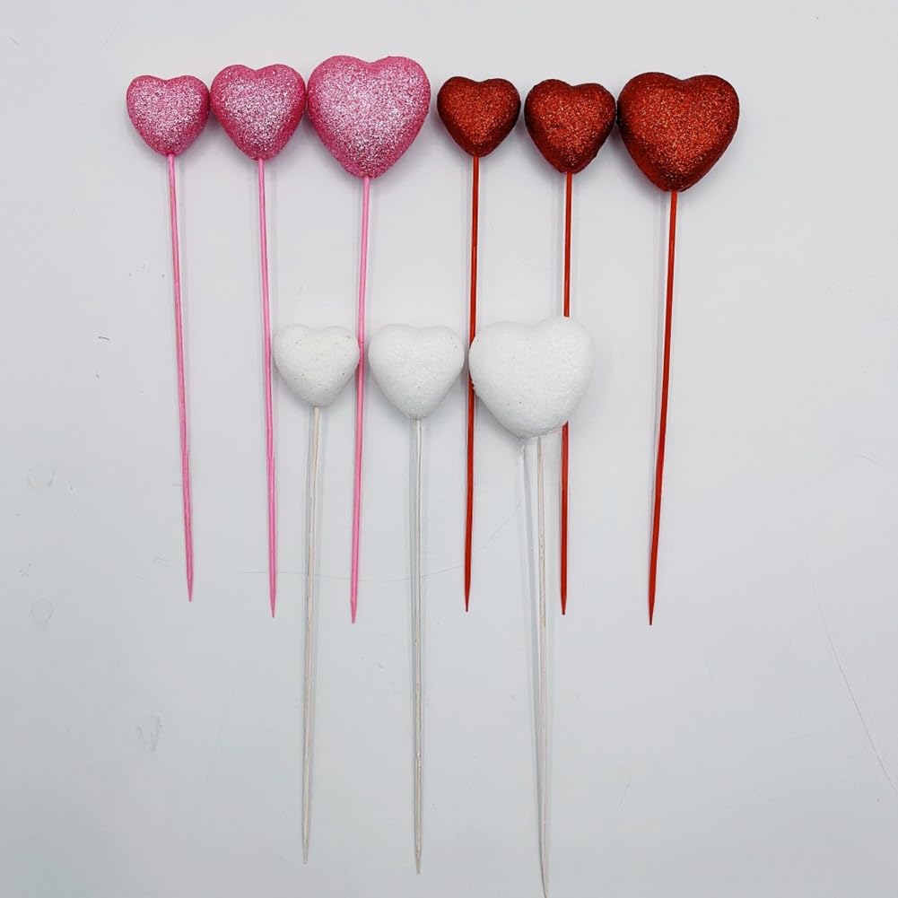 12 Pcs Glitter Heart Picks - Puffy Foam Hearts On Sticks For Valentine's, Wedding, Floral Arrangements (White, 8.27")