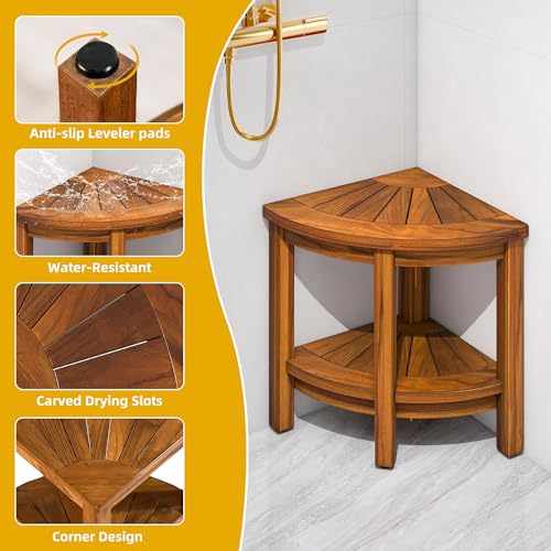 DWVO-Teak-Shower-Bench-18-Shower-Stool-Corner-Bench-with-Storage-Shelf-Corner-Seat-for-Inside-Shower-Shower-Stool-Seat-with-Non-Slip-Feet-for-Bathroom-Living-Room-Indoor-and-Outdoor-Use