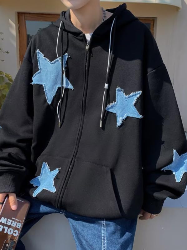 BAIMORE Unisex Vintage Blue Star Patch Drawstring Zipper Hoodie Loose Casual Couple Jacket - Image 4