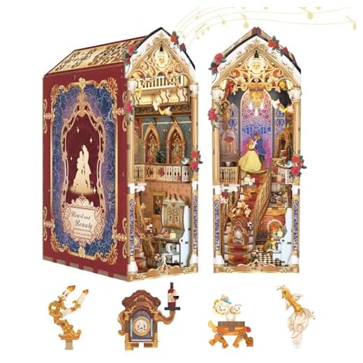 Tonecheer Kit de rincón de Libros para Adultos, Rompecabezas de Madera 3D para sujetalibros, Kit de casa en Miniatura, decoración de estantería con Cubierta Antipolvo y Luces LED(Bestia y Belleza