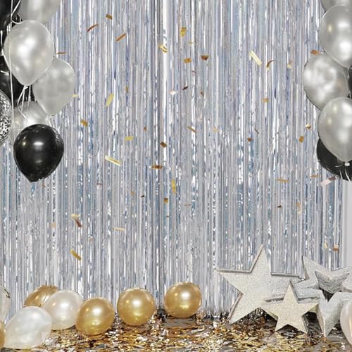 Image of DECOCKRAT 3 Pack Foil Fringe Backdrop - Laser Silver Shiny Tinsel Curtains for Party Decoration /Photo Booth Props - 3.3x8.2 FT Metallic Foil Backdrop for Birthday, Wedding, Graduation, Christmas.