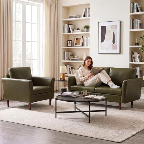 Image of Kingfun 2 Piece Faux Leather Sofa Set, Mid Century Modern Living Room Furniture Set with 3-Seater Sofa and Loveseat, Small Leather Couch with Solid Wood Frame for Bedroom and Office, Olive Green