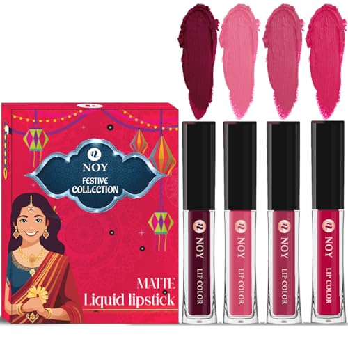 Image of Noy Liquid Matte Festival Lipstick Pack 4 Essential Colors Wine, Peach, Pruple, Magenta Shades