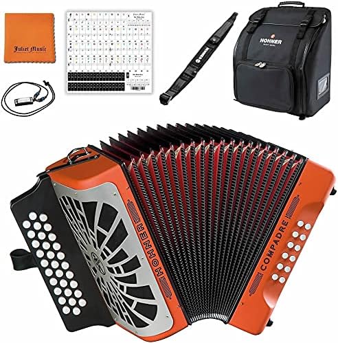 Hohner Compadre GCF COGO - Paquete de acordeón naranja con bolsa Hohner, correa, mini armónica, tela pulidora de música Julieta y calcomanías para