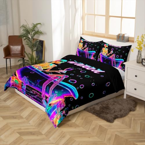 jejeloiu Halloween Toddler Size Skull in Bathtub Duvet Cover Boys Girls Humor Skull Bedding Set For Kids Women Men Ultra Soft Bathtub Comforter Cover Room Decor Bedclothes Soft Zipper Black and Purple