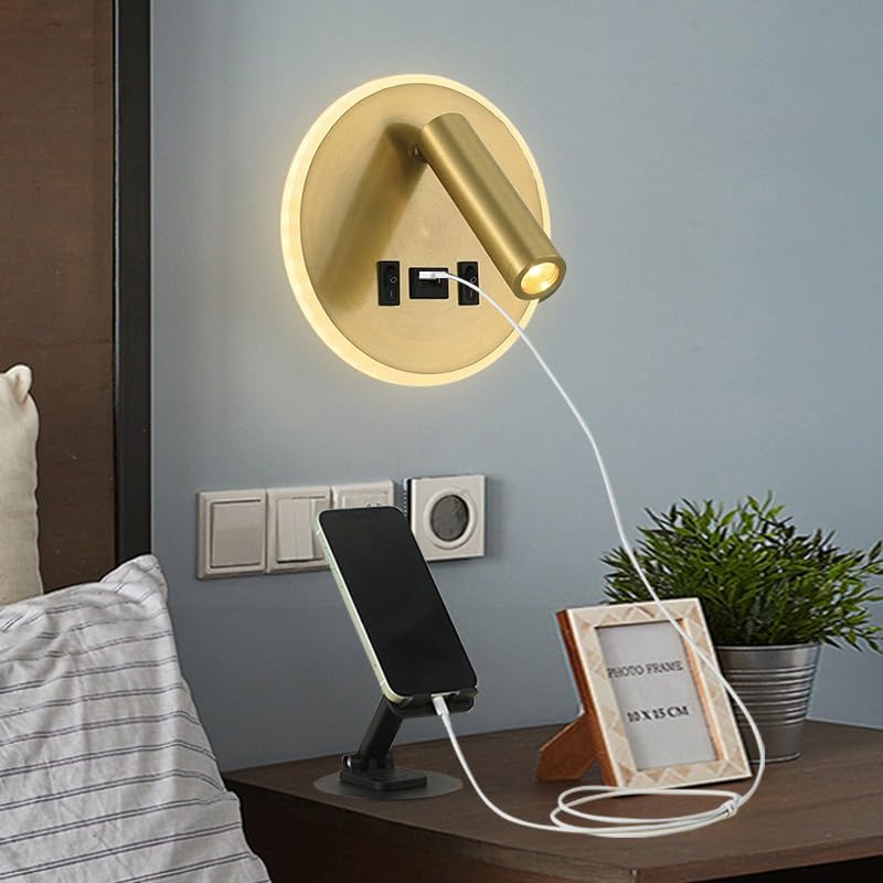 Image of Smartway Rotatable USB Gold 8W Bedside Wall Lamp | Modern LED Wall Light with 3 Color Modes | Adjustable Reading Light for Bedroom, Living Room & Home Decor | 1 Year Warranty