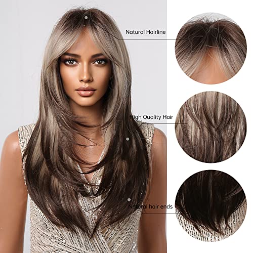 Testar Blonde Brown Ombre Wigs For Black Women Long Layered Straight Wigs With Air Bangs Cosplay Synthetic Heat Resistant Wig Natural Looking For Daily Use #TOP1