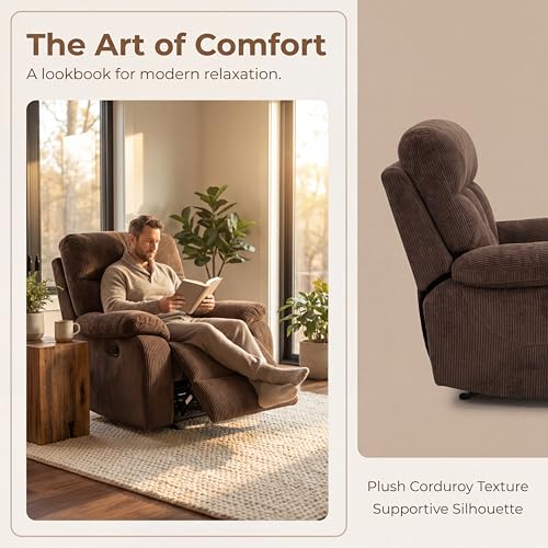 Image of Oversized Corduroy Recliner Chair, Manual Lazy Boy Recliner with Home Theater Seating, Breathable Living Room Reclining Chair for Adults Reading, Gaming, Relax, Brown