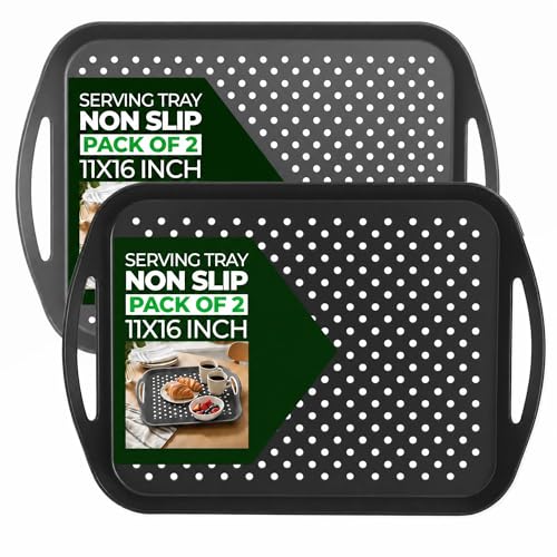 Image of HiFEN® 2 Pack Non-Slip Serving Tray Set, BPA-Free Plastic Lap Trays with Grip Handles, Lightweight & Durable Food Serving Trays for Tea, Breakfast in Bed, Food Prep & Stable Dining, (Black/Grey)