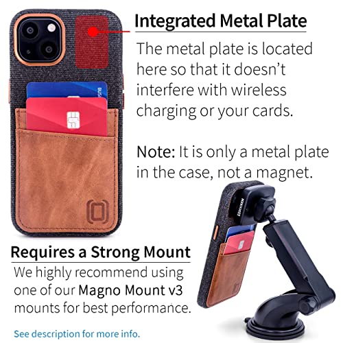 Image of Dockem Fabric Card Case for iPhone 13 with Built-in Metal Plate for Magnetic Mounting, Stitched-on Genuine Leather Wallet with 2 Credit Card /ID Slots: M2F 6.1 inch [Grey w /Light Brown]