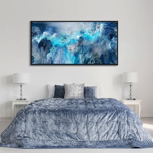 Image of Mofutinpo Large Abstract Canvas Art | Framed Modern Contemporary Wall Decor for Living Room, Bedroom, and Office | Blue Abstract Wall Pictures| Home Decorations Artwork for Walls 24 x48in