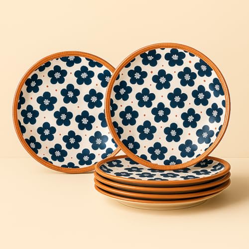 Image of YELONA Ceramic Plate Set of 6 | 8-Inch Floral Print Porcelain Dinner Plates | Japanese Style | Microwave & Dishwasher Safe | 20 CM | Lead-Free Tableware